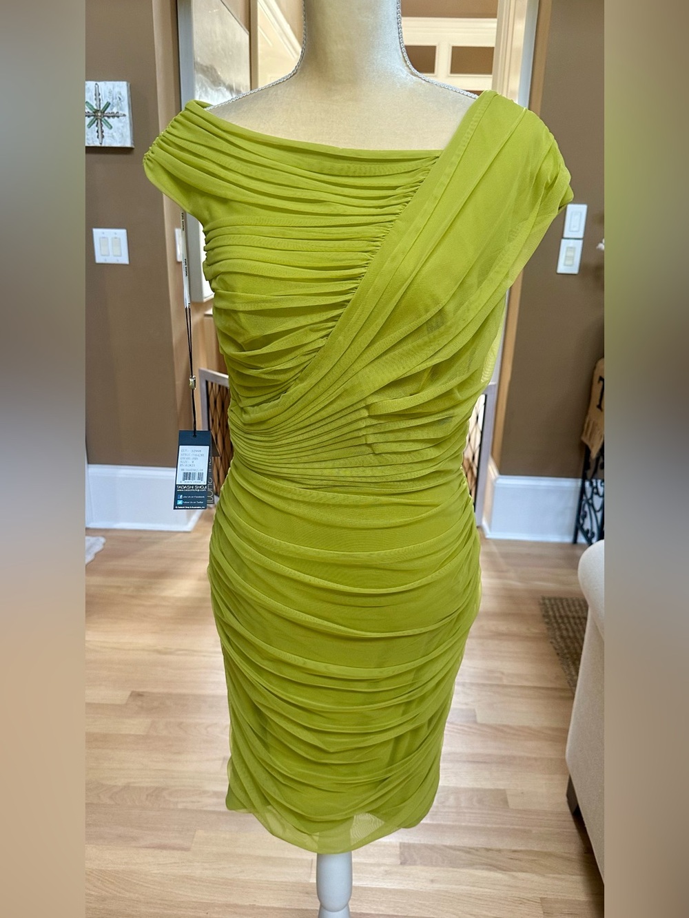 Tadashi Shoji One-Shoulder Chartreuse Ruched Cocktail Dress